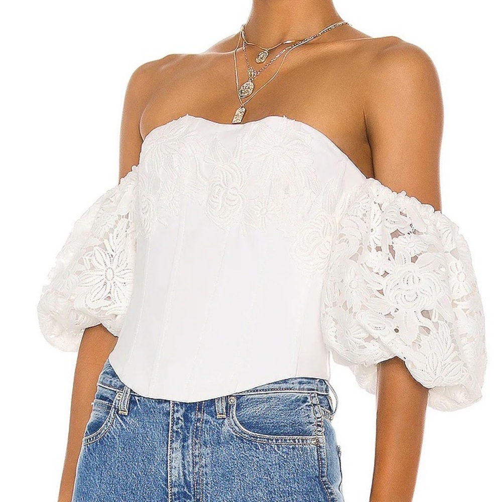 LPA Zofia Revolve Puff Sleeve Lace Eyelet Corset Top